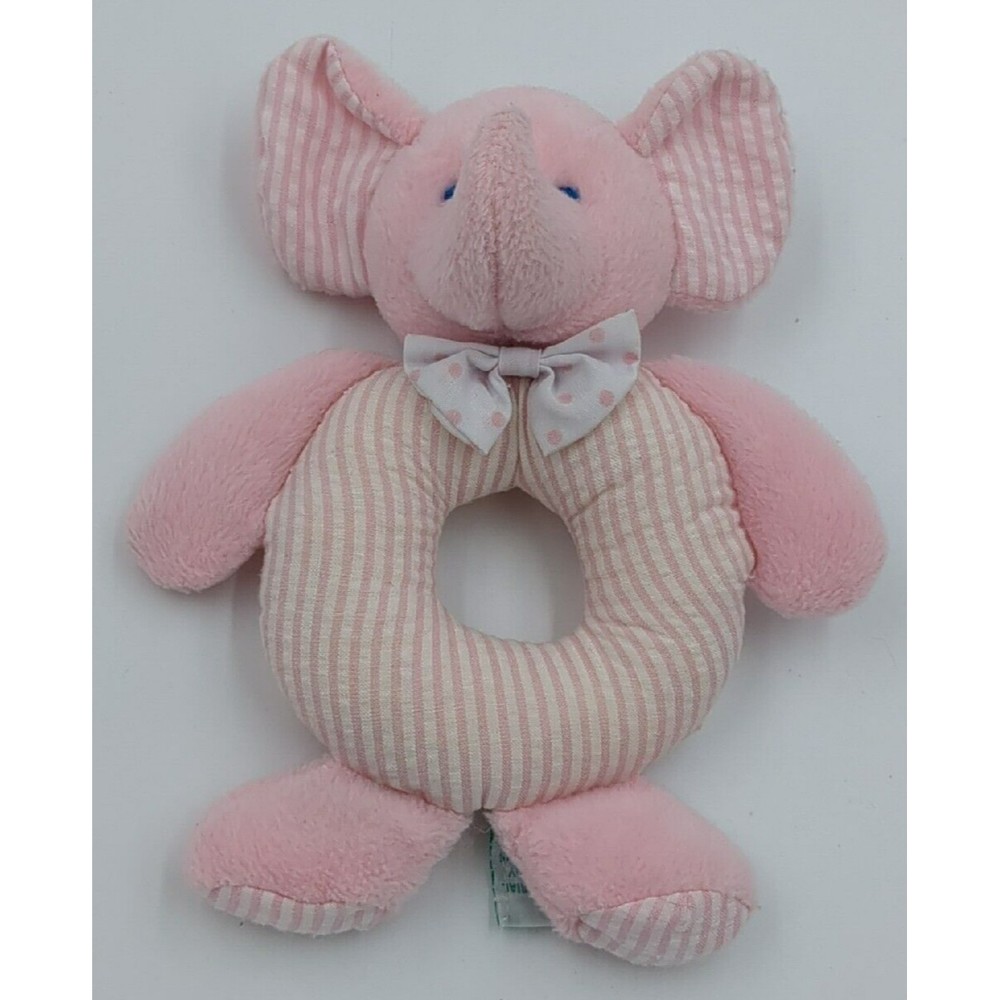 Russ Berrie Elephant Plush Baby Rattle‎ Lovely Seersucker Pink Striped VTG 90s